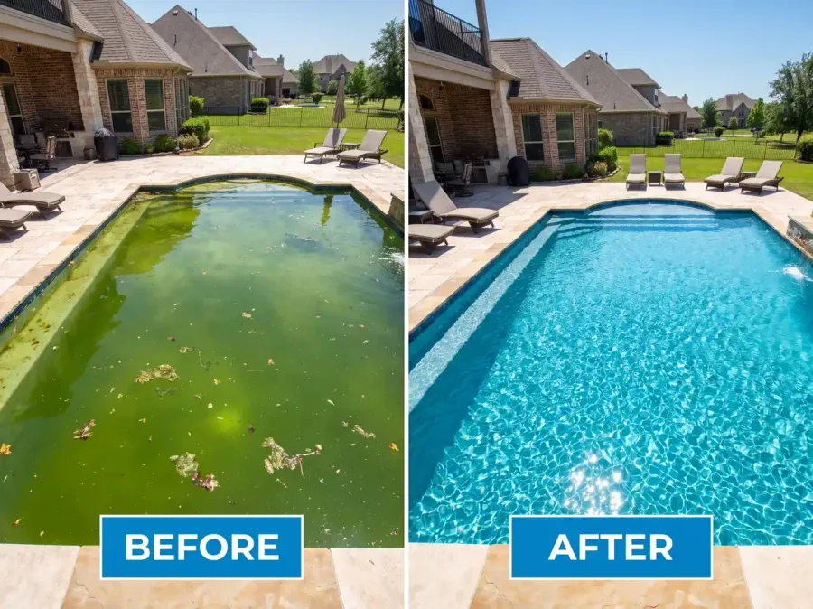 Pool cleaning before and after, green pool transformed clear by Katy-Fulshear Pools