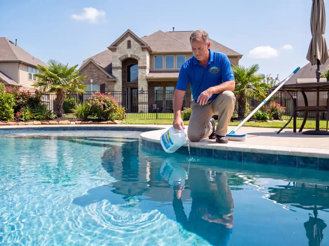 Pool technician balancing chemicals poolside