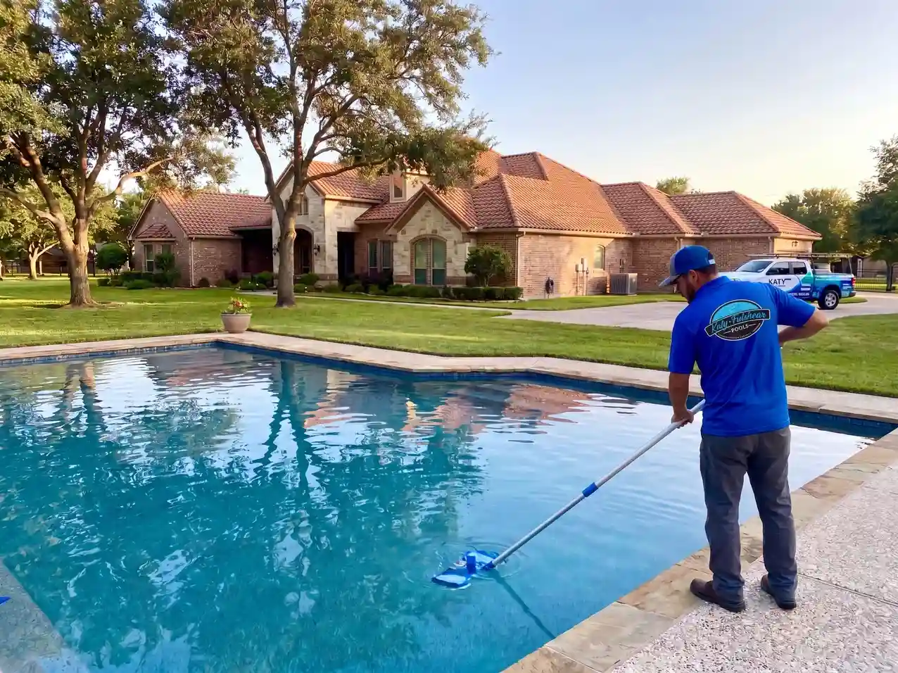 Pool cleaning service in action with branded service truck