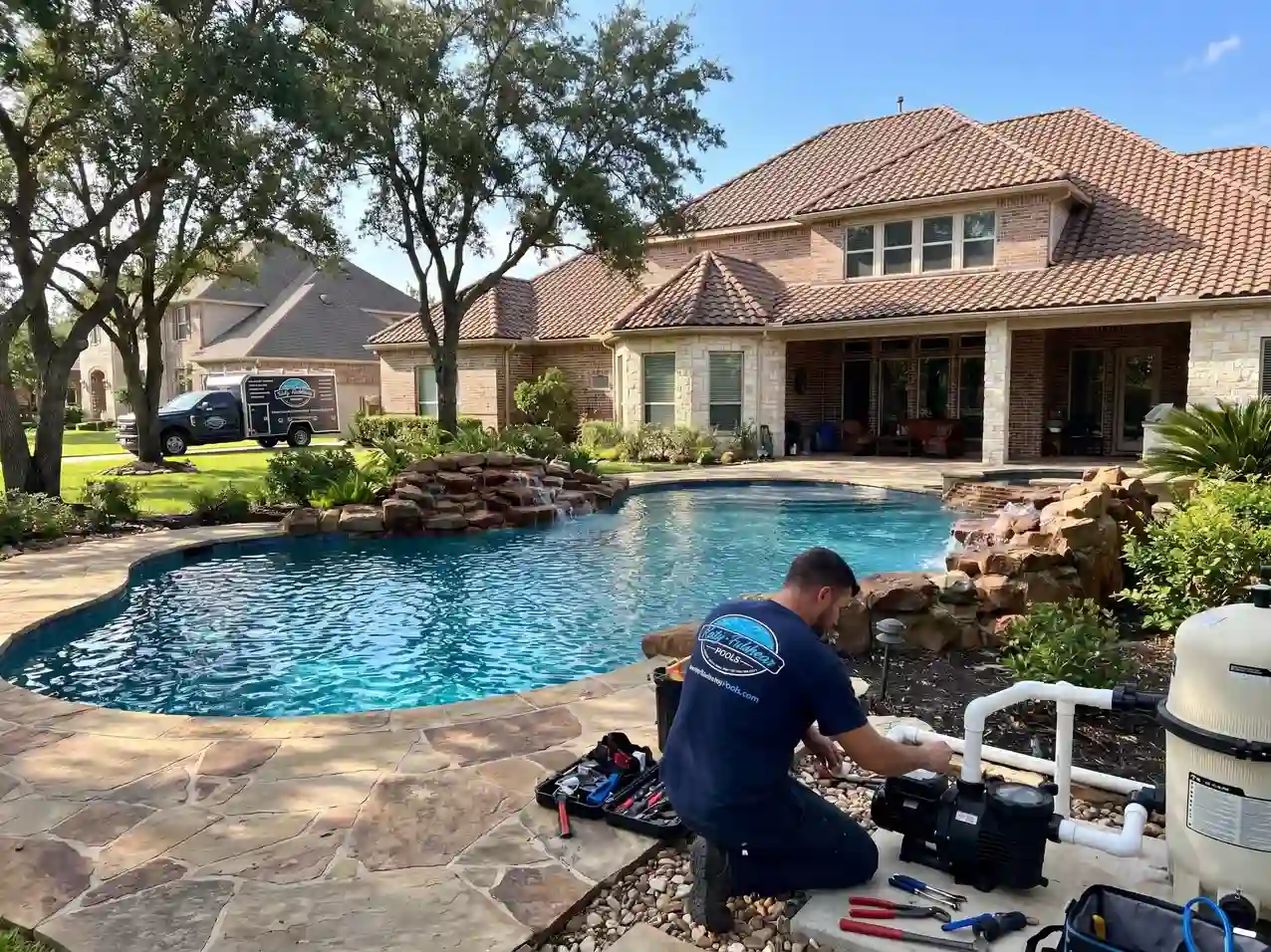 Pool repair technician at equipment pad in Katy-Fulshear service area